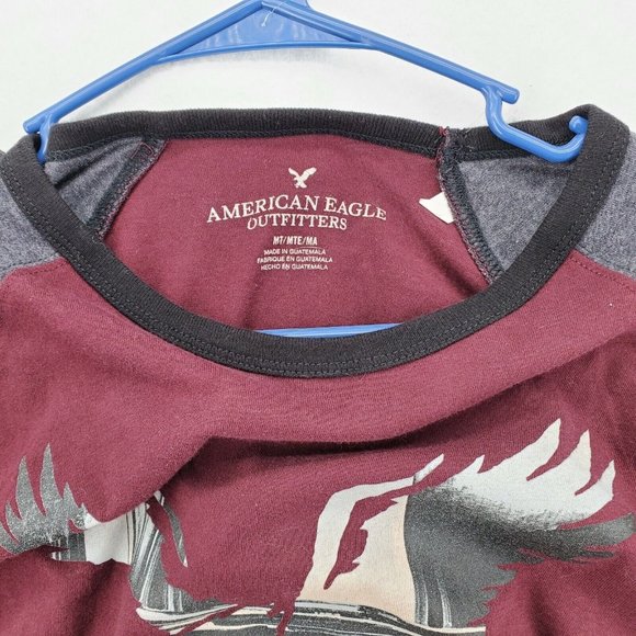 AMERICAN EAGLE Shirt Men's Long Sleeve Crew Neck Pullover Tee Red Gray Medium - Picture 8 of 12